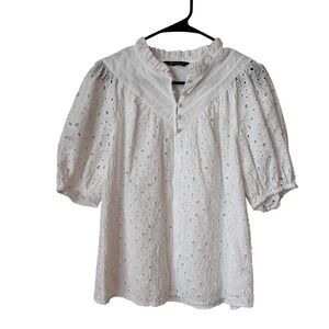 PrettyGarden White Eyelet Lace Puff Sleeve Blouse Boho V-Neck Ruffle Top Medium